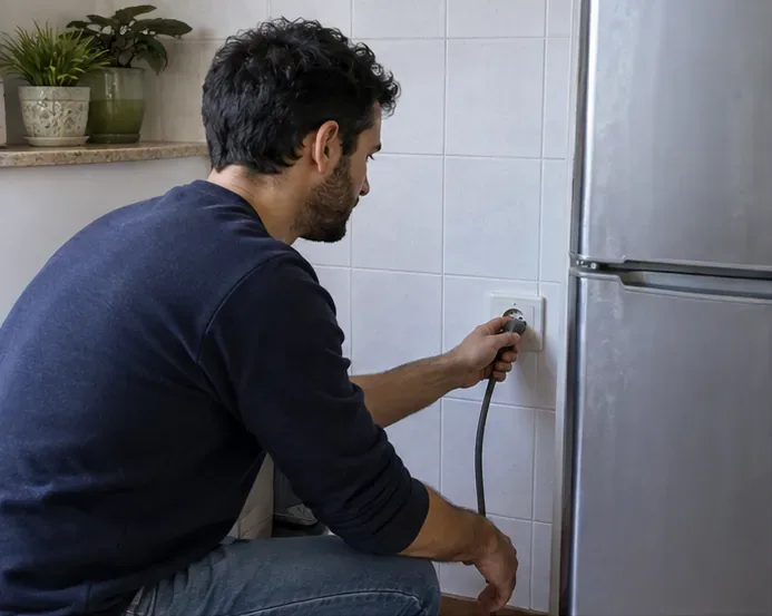 Uomo che scollega la spina di un frigorifero in cucina prima della preparazione al ritiro.