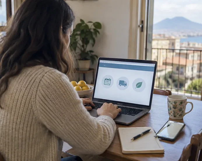 Persona al computer che organizza il ritiro o il conferimento di un grande elettrodomestico.