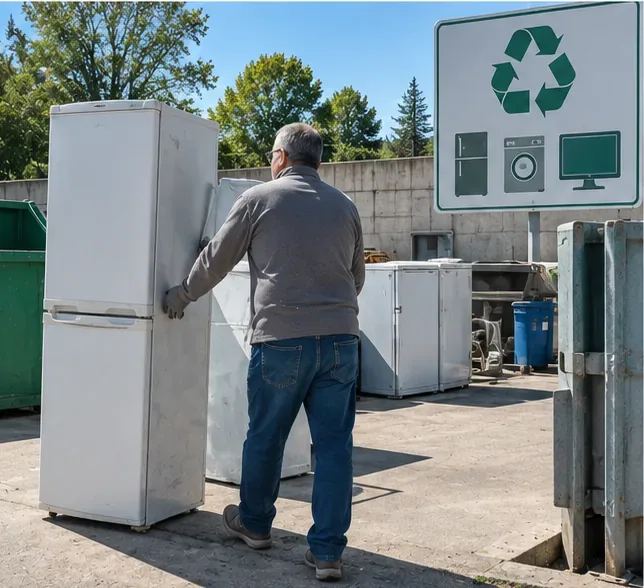 Persona che accompagna un frigorifero verso un’area attrezzata per la raccolta di apparecchiature elettriche