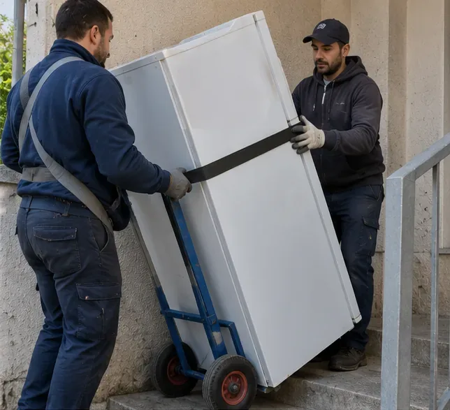 Due addetti movimentano un frigorifero bianco fissato a un carrello lungo una scala esterna