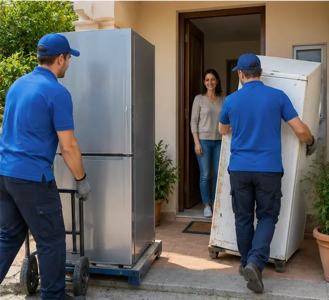 Addetti alla consegna con un frigorifero nuovo su carrello e un vecchio frigorifero in uscita da un’abitazione