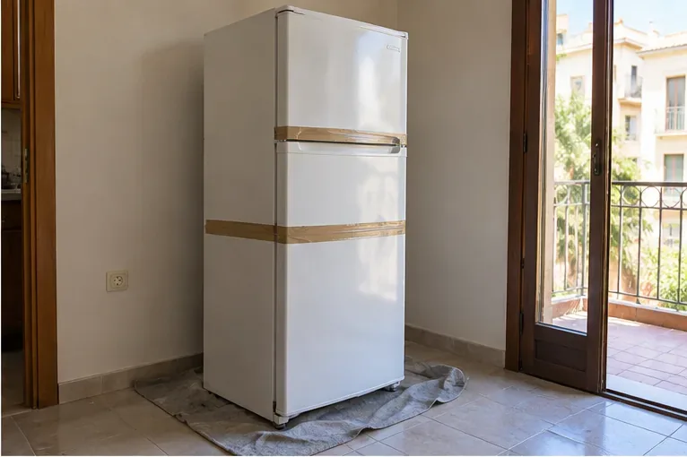 Un frigorifero vuoto e chiuso viene preparato in casa per essere movimentato in sicurezza