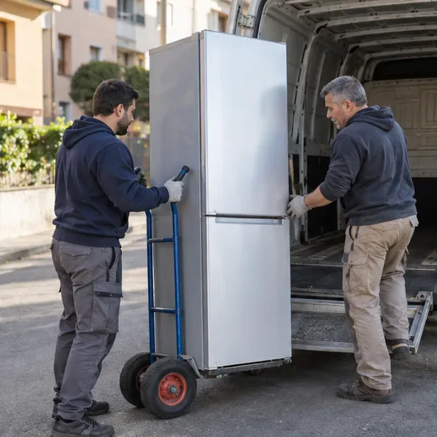 Due persone spostano un frigorifero in posizione verticale con un carrello verso un furgone