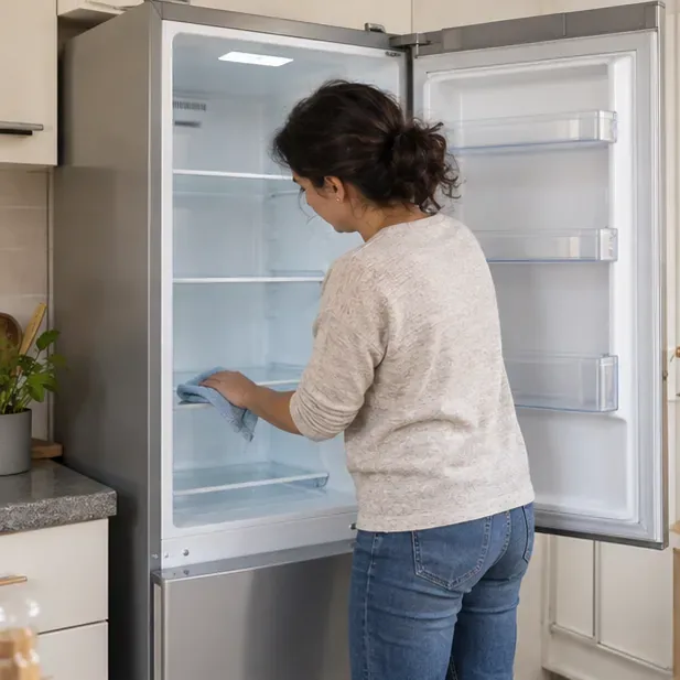 Una persona pulisce l’interno vuoto di un frigorifero con le porte aperte dopo aver rimosso gli alimenti
