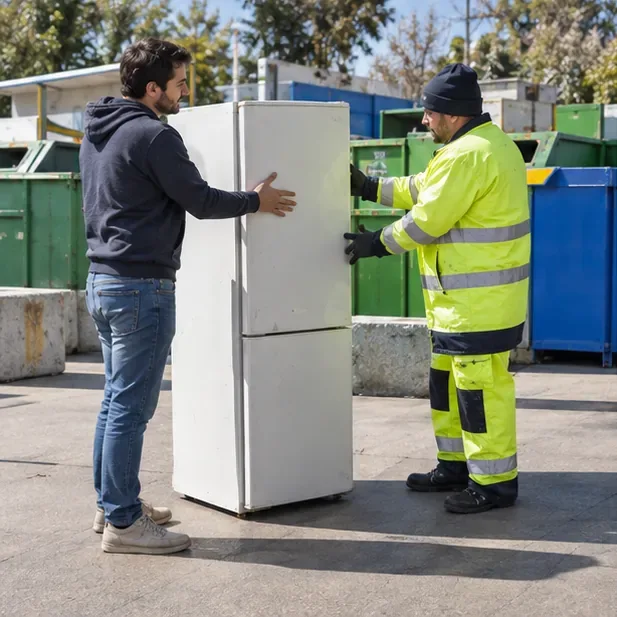 Un cittadino consegna un frigorifero a un addetto in un centro di raccolta con contenitori per rifiuti diversi sullo sfondo