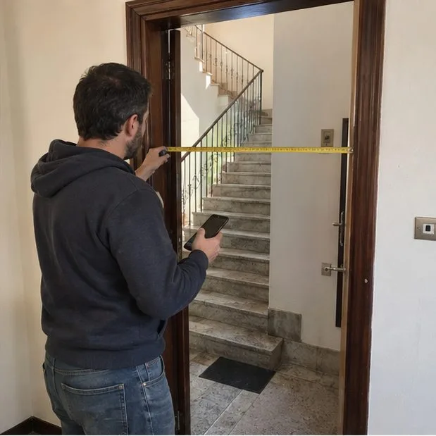 Persona che misura il vano della porta e controlla le scale prima di spostare un frigorifero