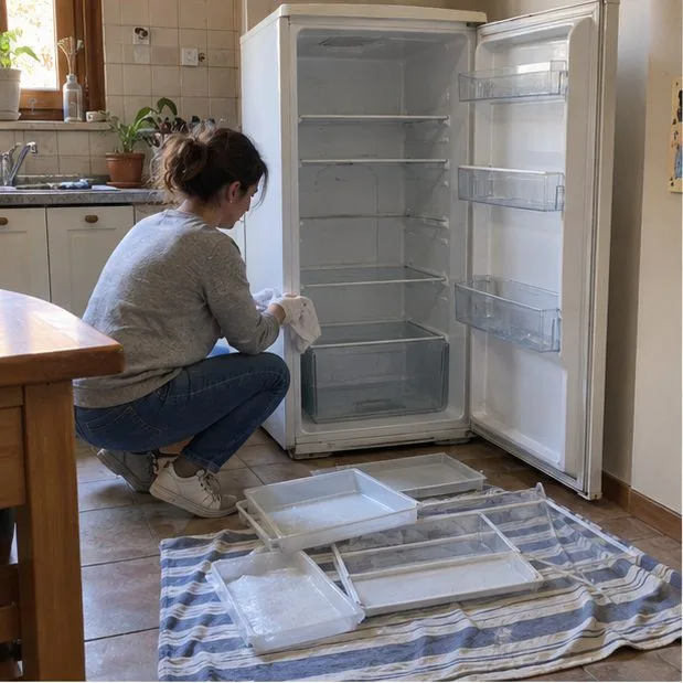 Frigorifero vuoto e aperto in cucina, con ripiani e cassetti appoggiati su un asciugamano