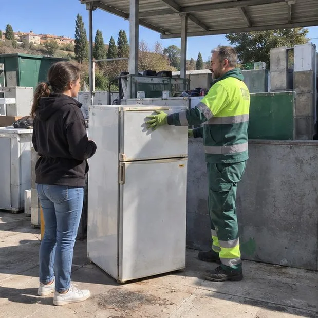 Operatore in area ecologica riceve un vecchio frigorifero da una cittadina nella zona dedicata agli elettrodomestici
