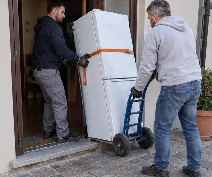 Due persone movimentano un frigorifero fissato a un carrello con una cinghia durante l'uscita da un'abitazione