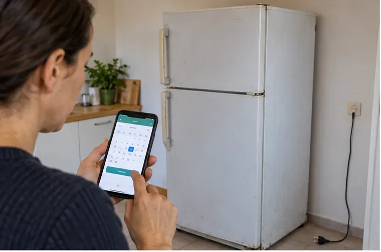 Una persona usa uno smartphone accanto a un vecchio frigorifero per organizzare il ritiro.