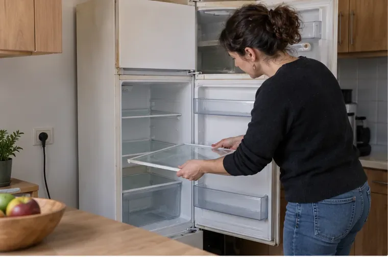 Una donna svuota i ripiani di un vecchio frigorifero in cucina prima dello smaltimento.
