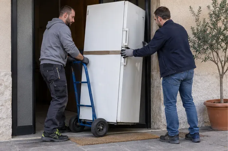 Due persone spostano un frigorifero su un carrello a due ruote attraverso una porta di casa.