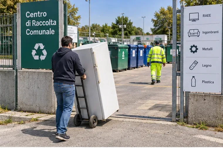 Un uomo spinge un frigorifero su un carrello all’ingresso di un centro di raccolta comunale.
