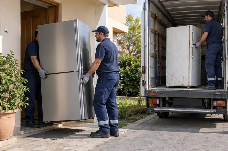 Due addetti consegnano un frigorifero nuovo mentre un vecchio apparecchio è già caricato sul camion per il ritiro.