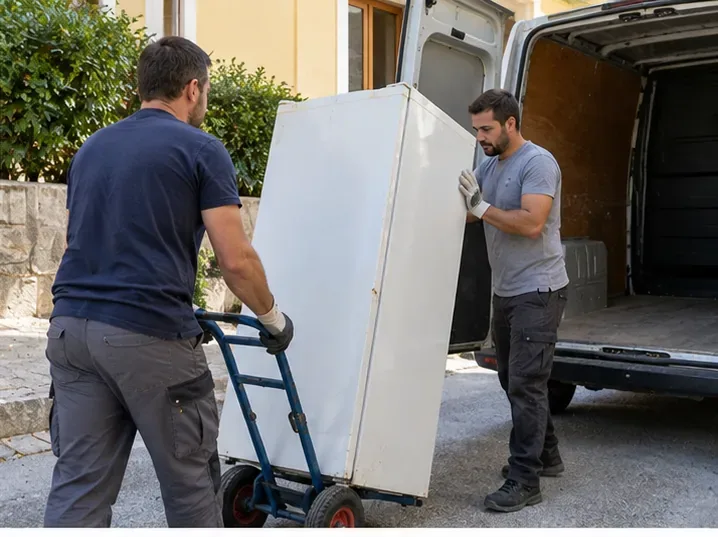 Due operatori che caricano con un carrello un frigorifero intero su un furgone per il trasporto