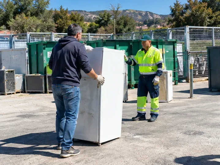 Un cittadino che consegna un frigorifero integro a un operatore in un'area attrezzata per la raccolta dei rifiuti elettronici