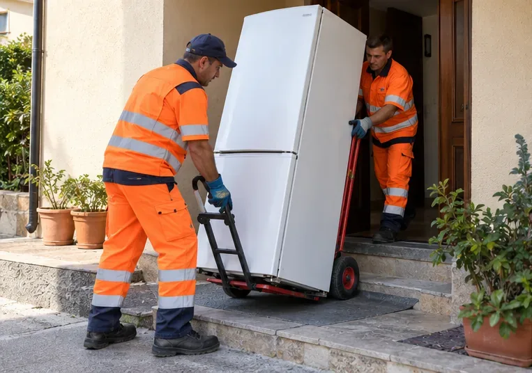 Due addetti in abbigliamento da lavoro spostano un frigorifero con un carrello saliscale