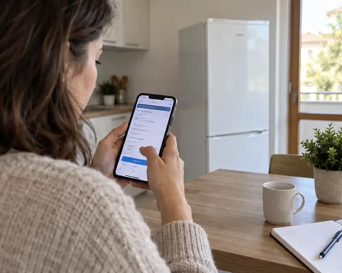 Persona seduta al tavolo che usa uno smartphone per consultare un servizio di raccolta rifiuti mentre il frigorifero è visibile in cucina
