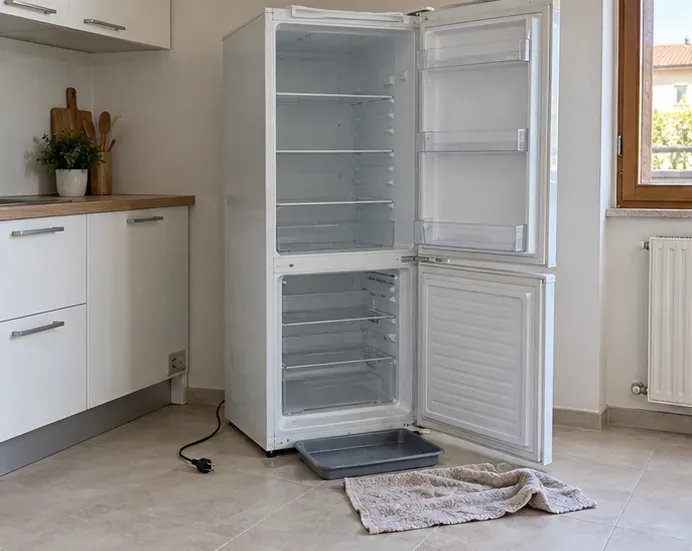 Frigorifero vuoto e scollegato in cucina, con vaschetta per l’acqua di sbrinamento e panno sul pavimento