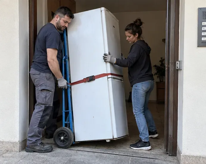 Due persone spostano un frigorifero vuoto con un carrello portatutto e una cinghia, mantenendolo stabile sulla soglia