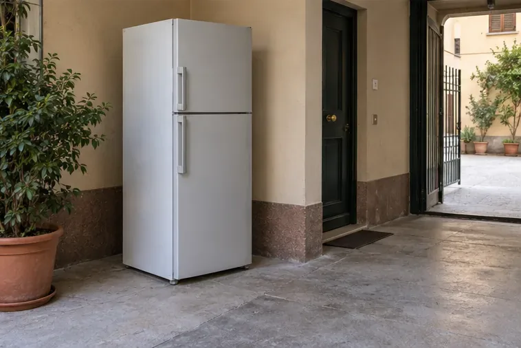 Un frigorifero pulito e chiuso è collocato in un’area interna al piano terra, vicino all’ingresso di un edificio residenziale.