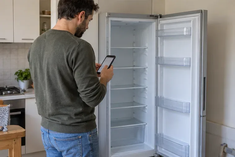 Un uomo controlla il telefono accanto a un frigorifero vuoto, mentre organizza il ritiro dell’elettrodomestico.