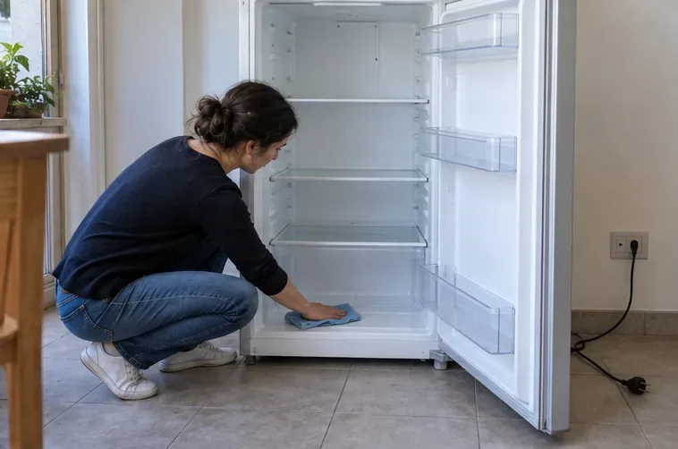 Una persona asciuga con un panno l’interno vuoto di un frigorifero con la porta aperta.