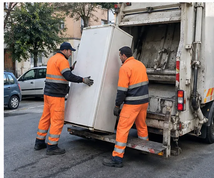 Due addetti alla raccolta caricano un vecchio frigorifero su un automezzo per rifiuti ingombranti