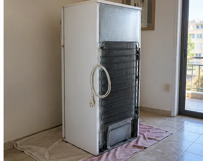 Un frigorifero scollegato visto dal retro con il cavo raccolto e un telo sul pavimento