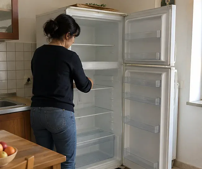 Una persona svuota i ripiani di un vecchio frigorifero in cucina prima dello smaltimento