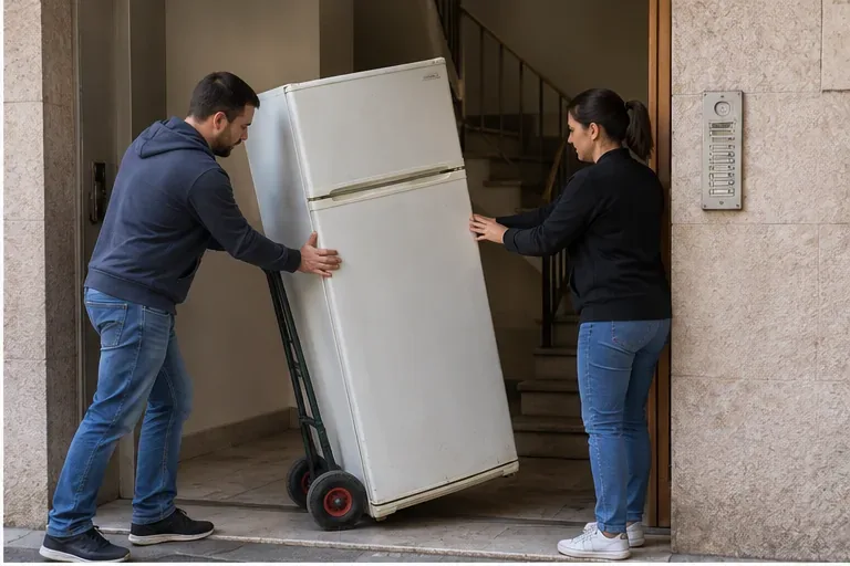 Due persone spostano un vecchio frigorifero su un carrello all'ingresso di un edificio
