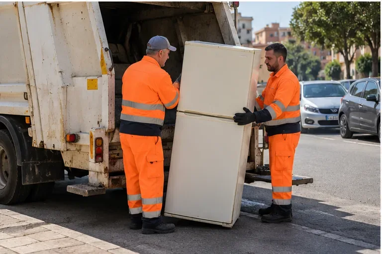 Due operatori della raccolta caricano un vecchio frigorifero su un automezzo per rifiuti