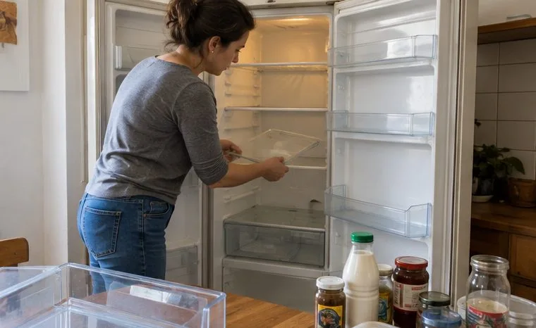 Una persona toglie i ripiani da un frigorifero aperto e vuoto, con alcuni contenitori alimentari appoggiati sul piano della cucina.