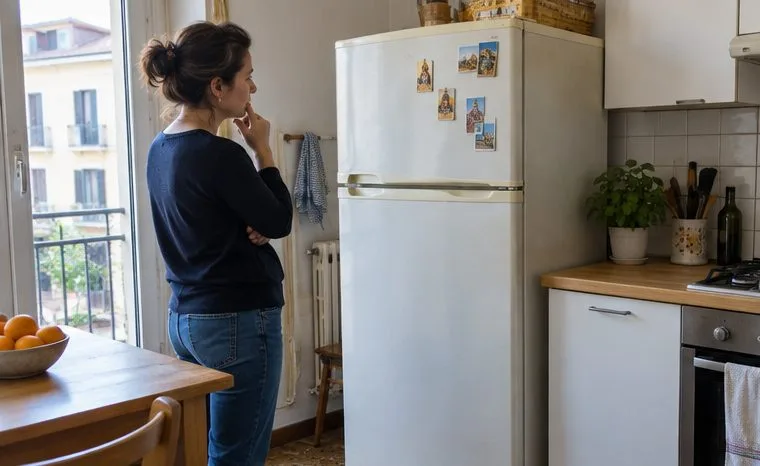 Una donna osserva un frigorifero domestico ancora in cucina, valutando se sostituirlo o riutilizzarlo.