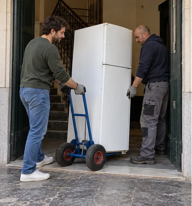 Due uomini spostano un frigorifero su un carrello per elettrodomestici, mantenendolo a livello del piano strada.