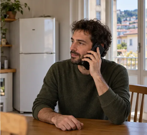 Un uomo telefona da casa per chiedere informazioni sul ritiro, con un frigorifero visibile sullo sfondo.