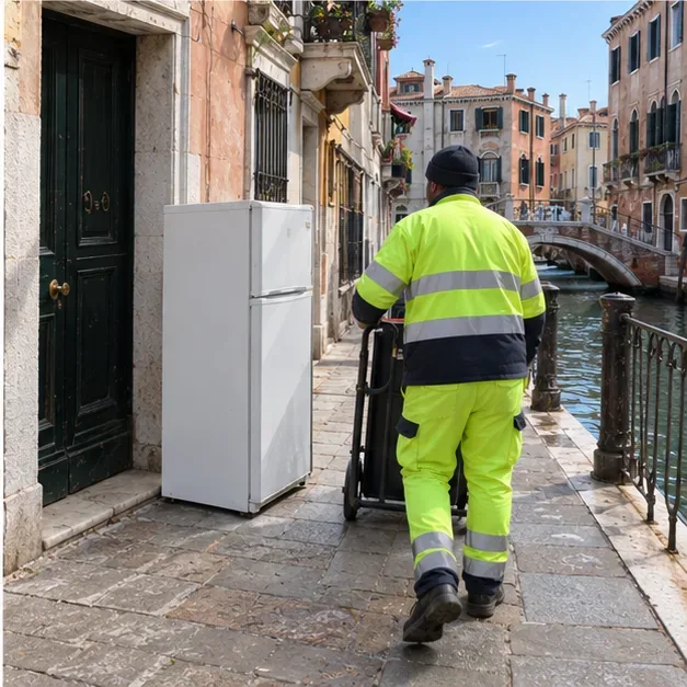 Un addetto alla raccolta cammina lungo una fondamenta veneziana verso un frigorifero posizionato vicino all’ingresso di un’abitazione.
