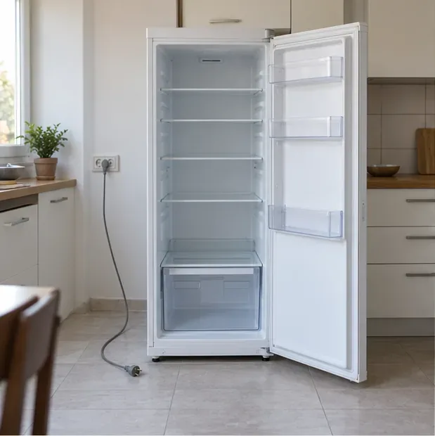 Frigorifero vuoto con la porta aperta e la spina scollegata in una cucina domestica