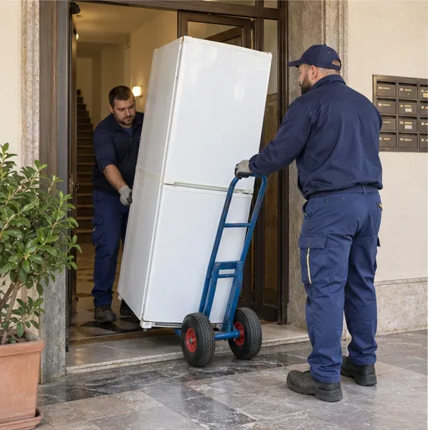 Due addetti spostano un frigorifero in posizione verticale con un carrello per elettrodomestici