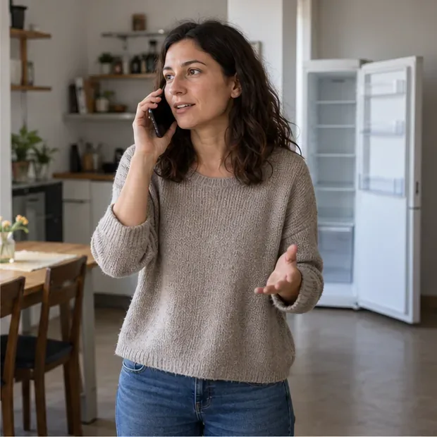 Una residente parla al telefono in cucina mentre il frigorifero vuoto attende il ritiro