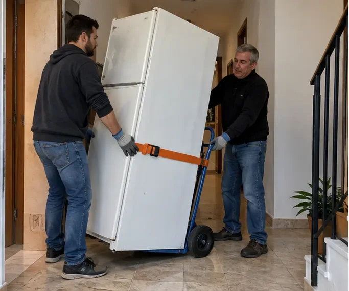 Due persone spostano un frigorifero fissato a un carrello per il trasporto