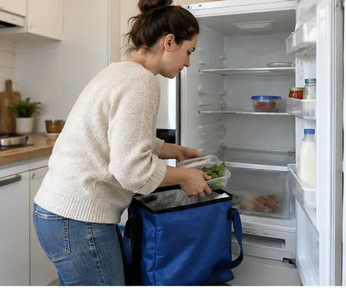 Una persona svuota gli ultimi alimenti da un frigorifero prima del ritiro come RAEE