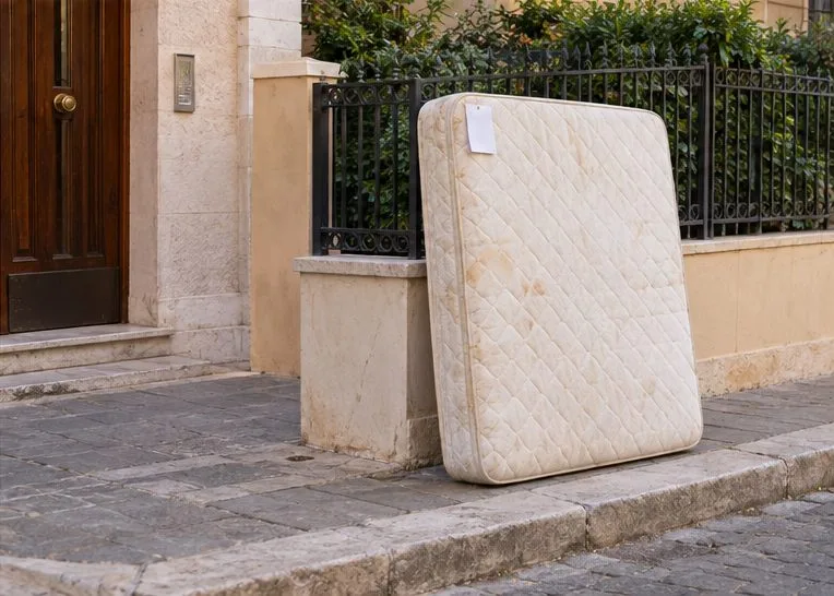 Un materasso è collocato vicino al marciapiede accanto all’ingresso di un edificio residenziale