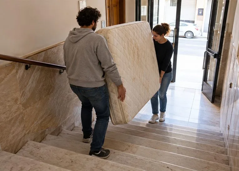 Due persone trasportano con cautela un materasso lungo le scale verso l’uscita dell’edificio
