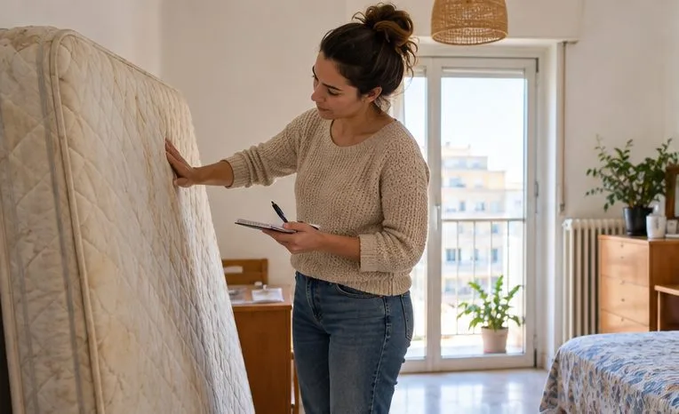 Una residente controlla un materasso singolo nella stanza prima di organizzare il ritiro