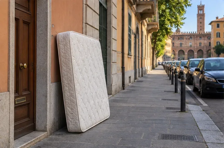 Un materasso appoggiato sul marciapiede davanti a un edificio urbano, esempio di collocazione da evitare senza una raccolta concordata