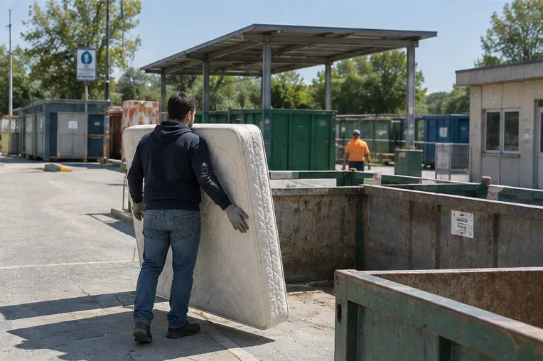 Una persona trasporta un materasso verso i contenitori di un centro di raccolta attrezzato