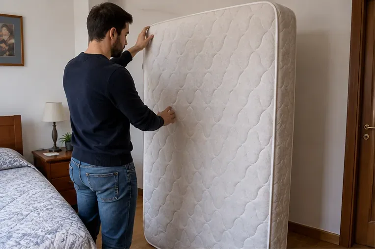 Una persona controlla in casa un materasso usato tenuto in verticale prima di decidere come conferirlo