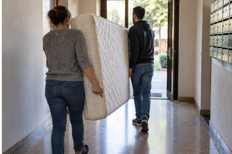 Due persone trasportano insieme un materasso attraverso l'androne di un edificio