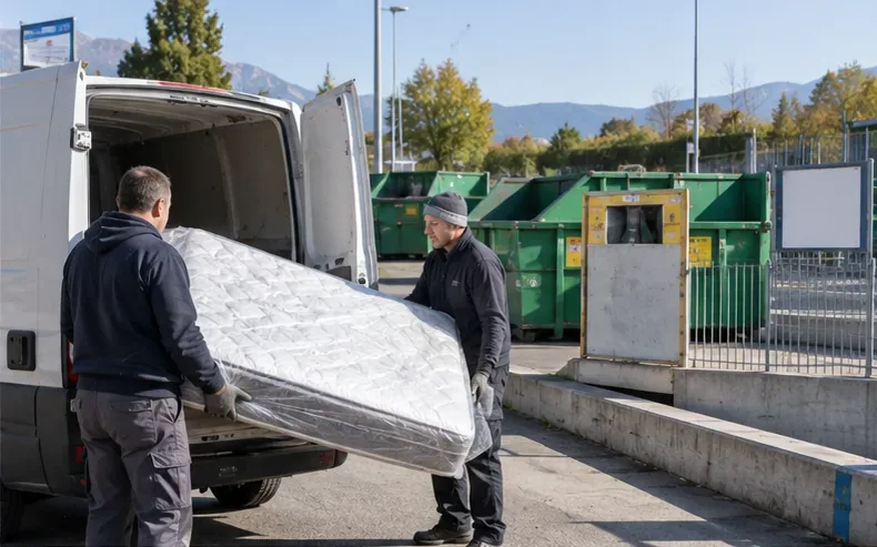 Due addetti scaricano un materasso da un furgone in un'area attrezzata per la raccolta dei rifiuti ingombranti